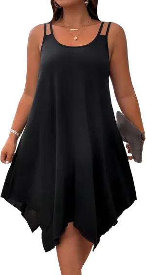 OYOANGLE Women's Plus Size Scoop Neck Sleeveless Asymmetrical Hem Flowy Midi Cami Dress