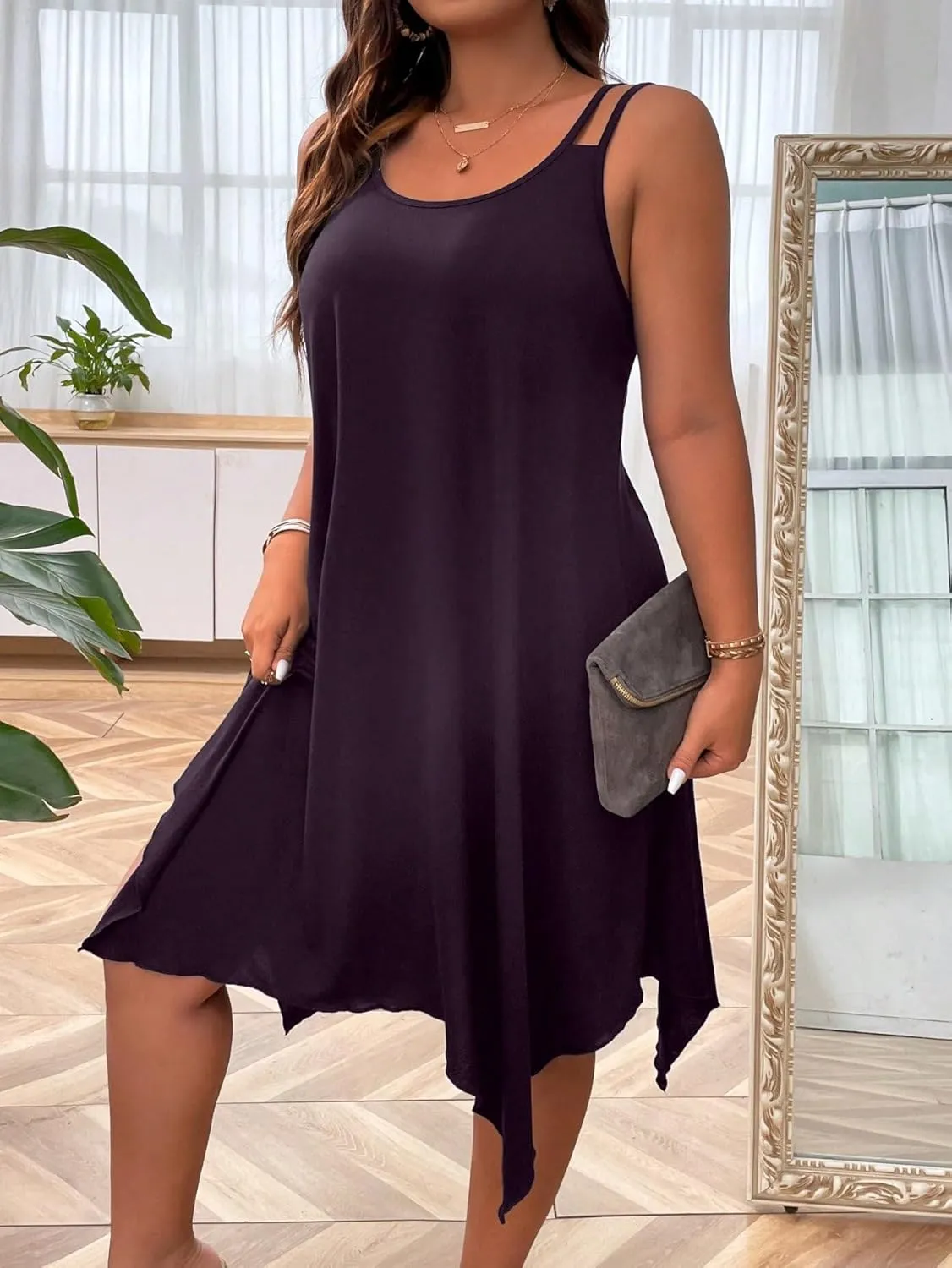 OYOANGLE Women's Plus Size Scoop Neck Sleeveless Asymmetrical Hem Flowy Midi Cami Dress