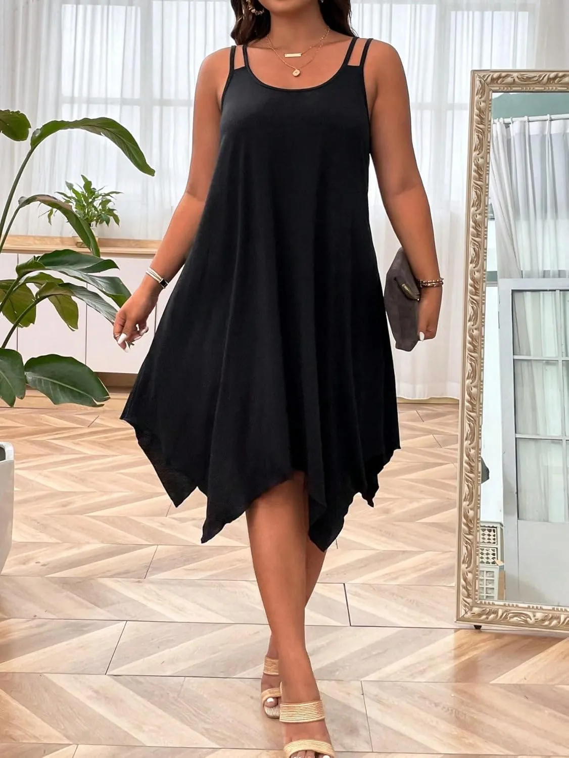 OYOANGLE Women's Plus Size Scoop Neck Sleeveless Asymmetrical Hem Flowy Midi Cami Dress