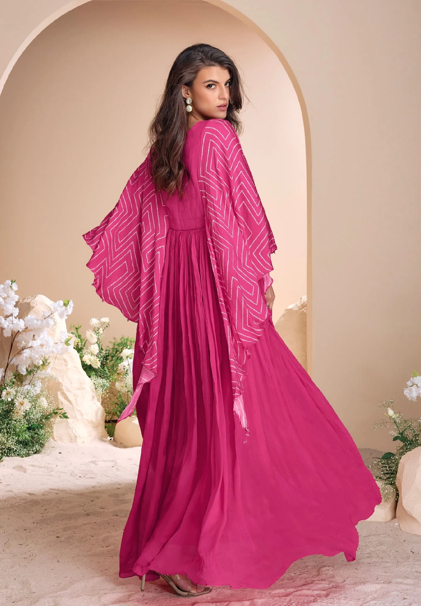 Pink Chinon Silk Gown with Hand Moti Embroidery