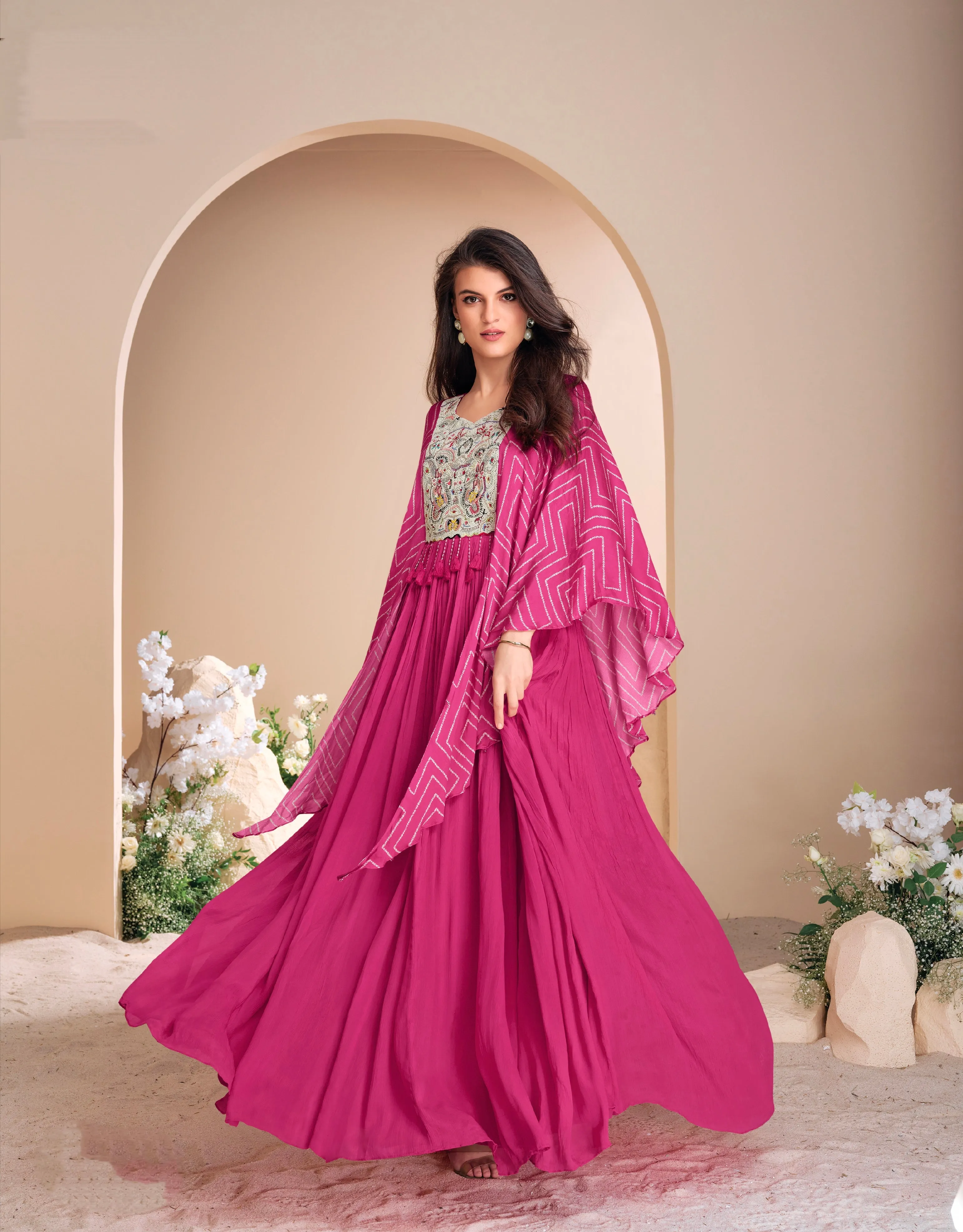 Pink Chinon Silk Gown with Hand Moti Embroidery