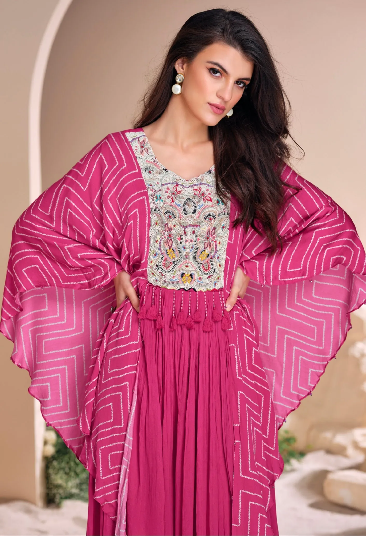 Pink Chinon Silk Gown with Hand Moti Embroidery