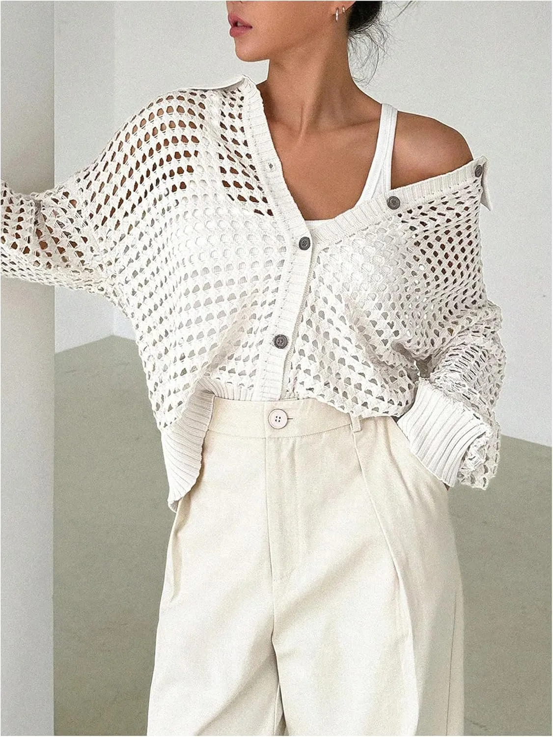 QWINEE Women's Crochet Cardigan Sweater Lightweight Cardigan Hollow Out Sweater Long Sleeve Button Down Knit Top