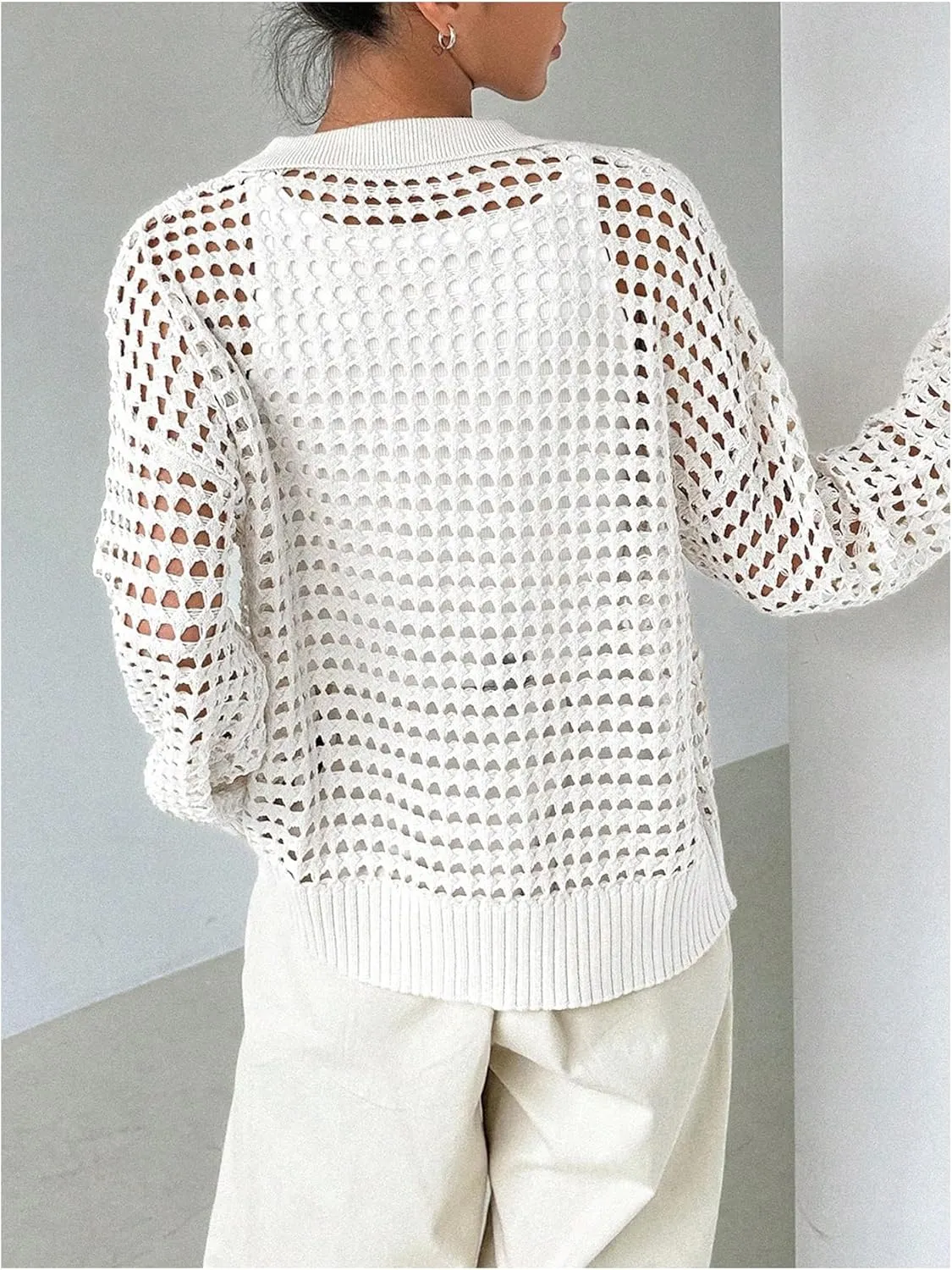 QWINEE Women's Crochet Cardigan Sweater Lightweight Cardigan Hollow Out Sweater Long Sleeve Button Down Knit Top