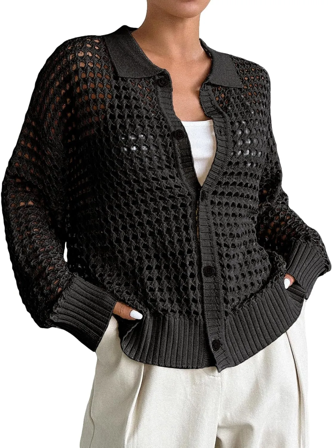 QWINEE Women's Crochet Cardigan Sweater Lightweight Cardigan Hollow Out Sweater Long Sleeve Button Down Knit Top