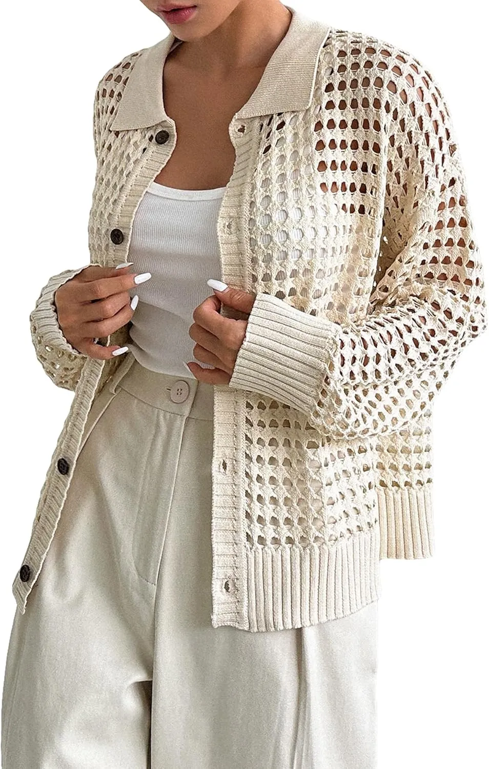 QWINEE Women's Crochet Cardigan Sweater Lightweight Cardigan Hollow Out Sweater Long Sleeve Button Down Knit Top