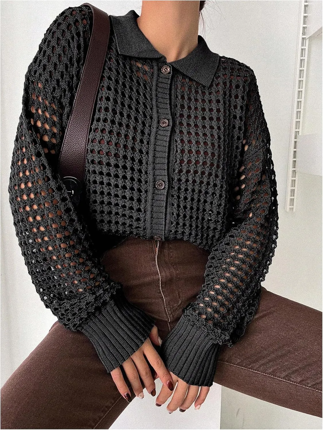 QWINEE Women's Crochet Cardigan Sweater Lightweight Cardigan Hollow Out Sweater Long Sleeve Button Down Knit Top