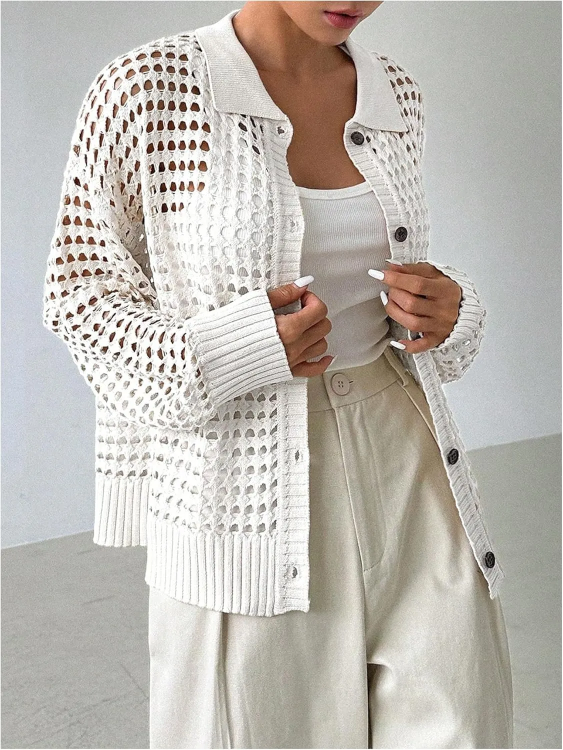 QWINEE Women's Crochet Cardigan Sweater Lightweight Cardigan Hollow Out Sweater Long Sleeve Button Down Knit Top