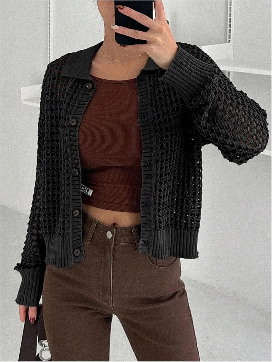 QWINEE Women's Crochet Cardigan Sweater Lightweight Cardigan Hollow Out Sweater Long Sleeve Button Down Knit Top