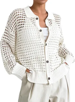 QWINEE Women's Crochet Cardigan Sweater Lightweight Cardigan Hollow Out Sweater Long Sleeve Button Down Knit Top