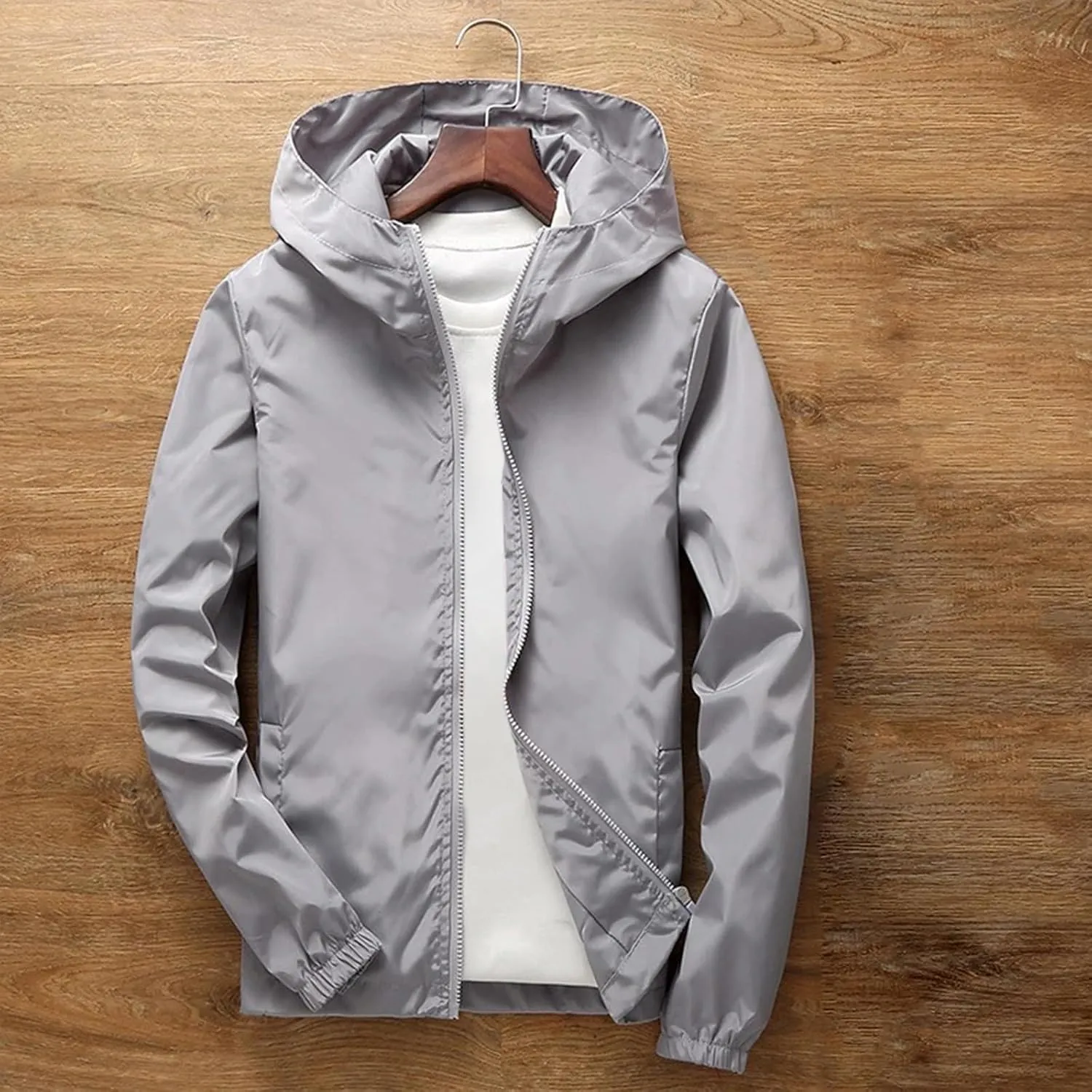 Rain Jacket for Men Lightweight Solid Color Hooded Raincoat Travel Hiking Cycling Windbreakers