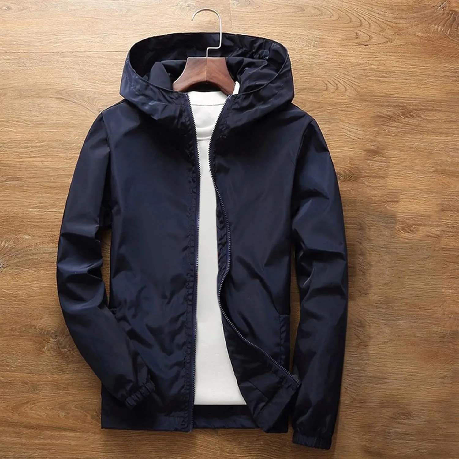Rain Jacket for Men Lightweight Solid Color Hooded Raincoat Travel Hiking Cycling Windbreakers