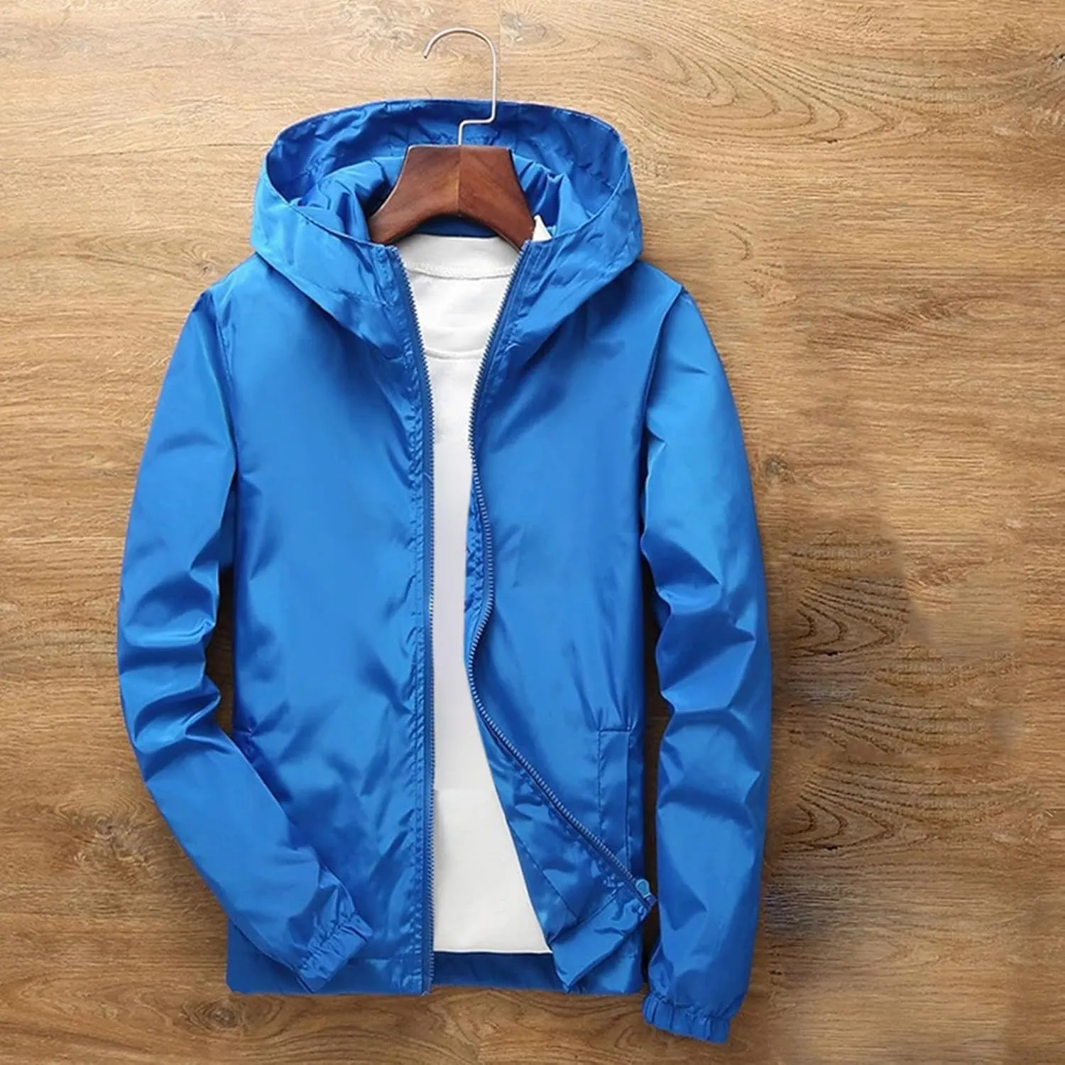Rain Jacket for Men Lightweight Solid Color Hooded Raincoat Travel Hiking Cycling Windbreakers