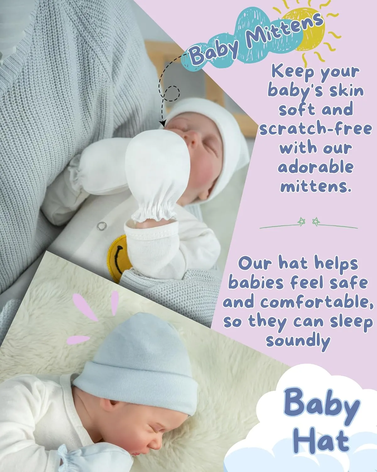 RATIVE No Scratch Mittens and Caps 100% Cotton for Newborn Baby 0-6 Months Boys Girls