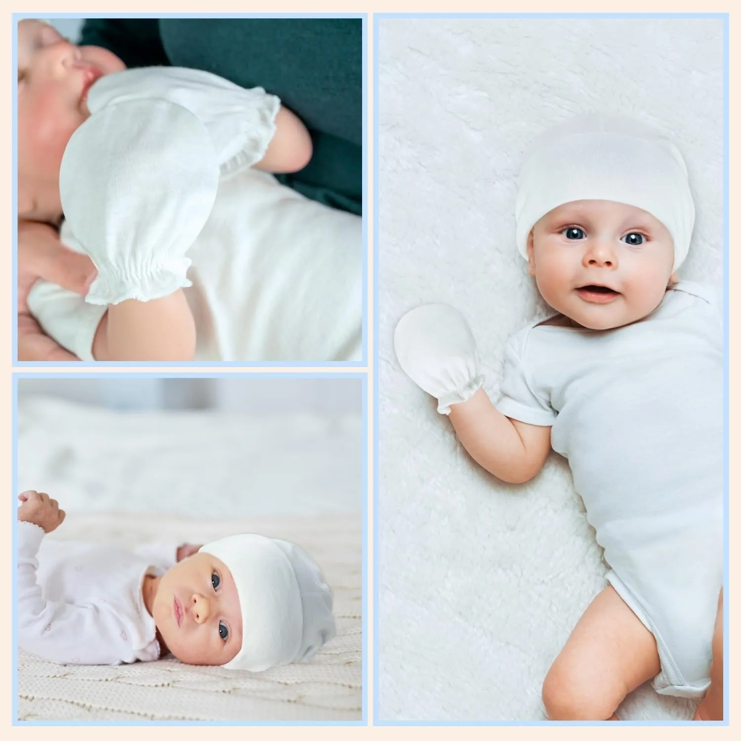 RATIVE No Scratch Mittens and Caps 100% Cotton for Newborn Baby 0-6 Months Boys Girls