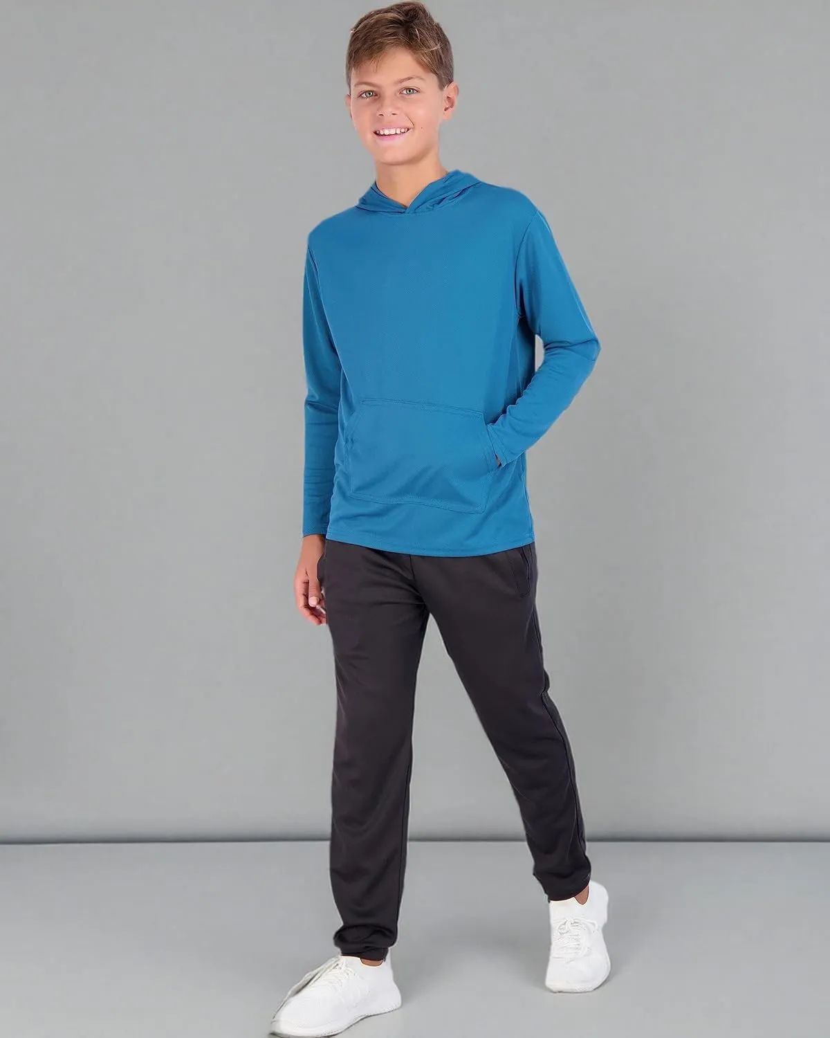 Real Essentials 3 Pack: Youth Mesh Long Sleeve Pullover Hoodie Active Sweatshirt - Kangaroo Pocket - Boys & Girls