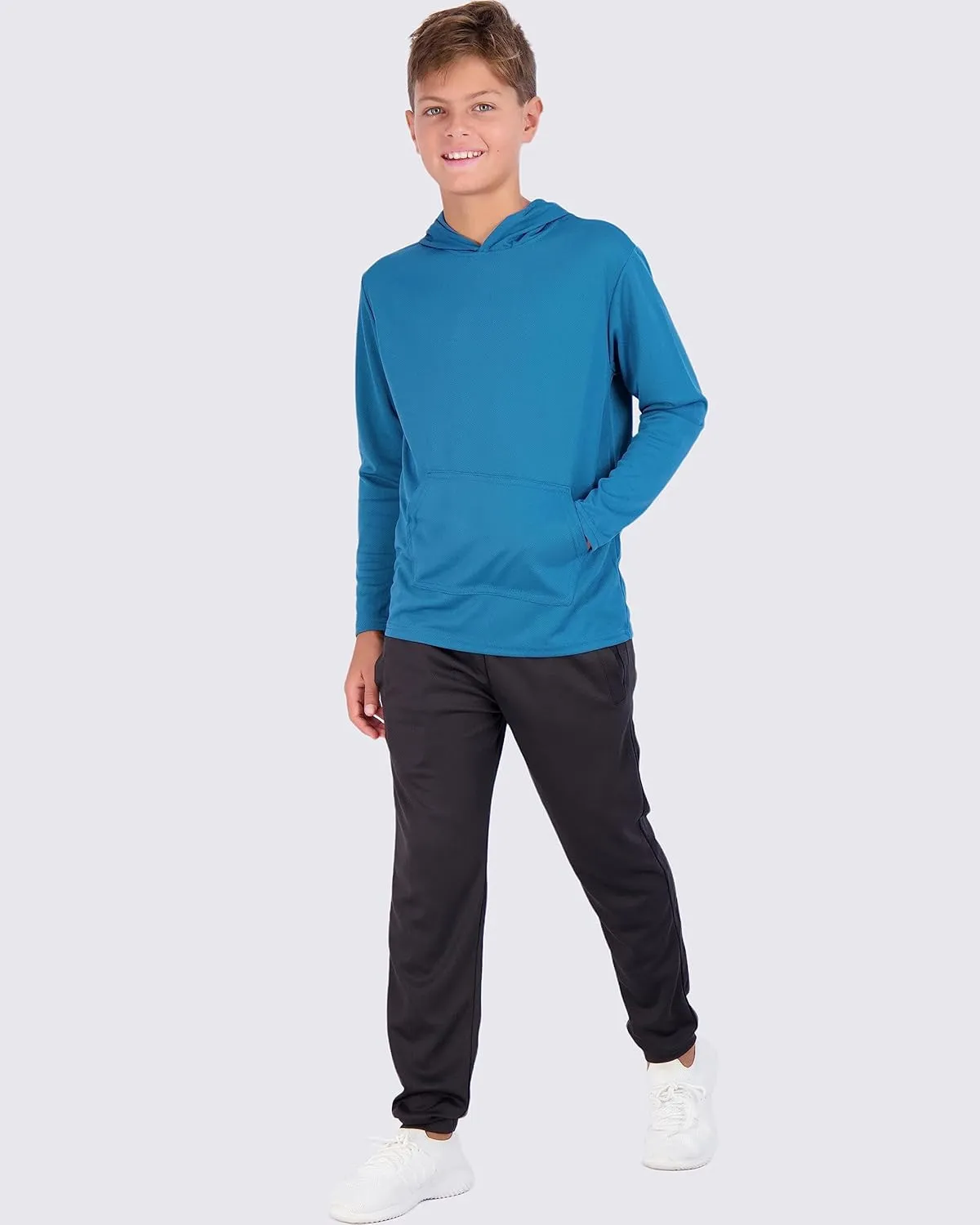 Real Essentials 3 Pack: Youth Mesh Long Sleeve Pullover Hoodie Active Sweatshirt - Kangaroo Pocket - Boys & Girls