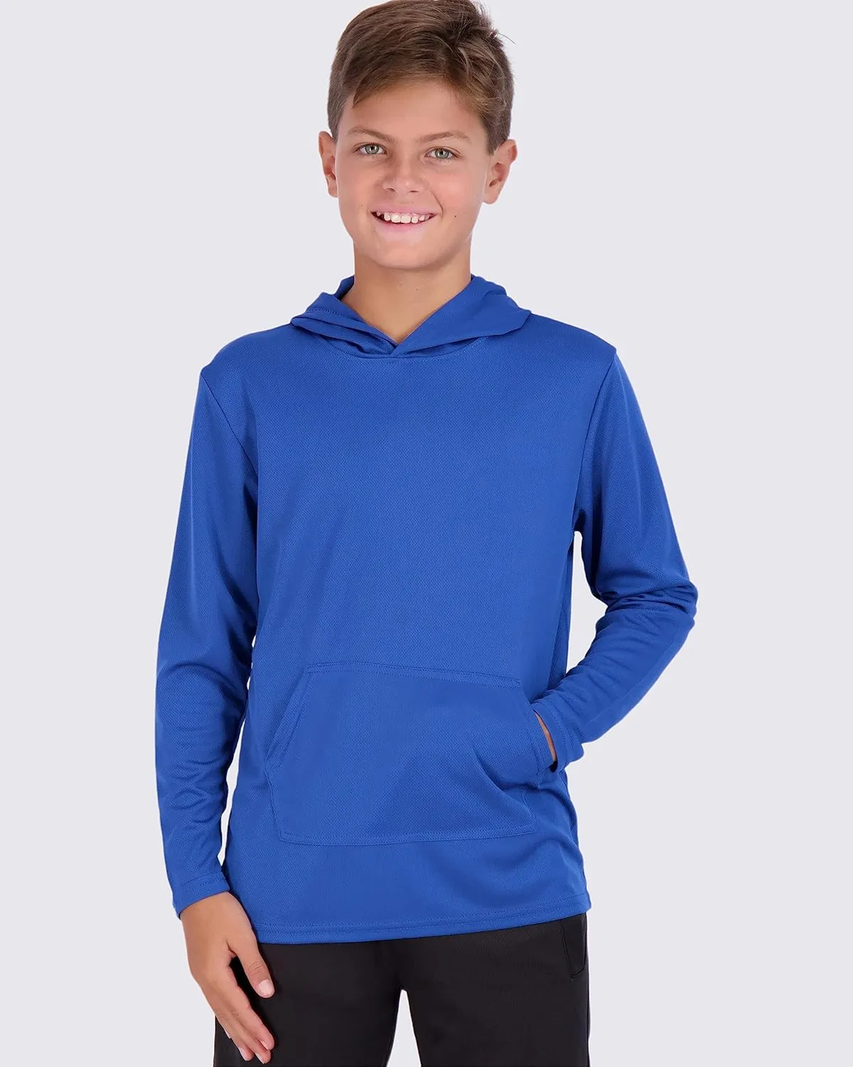 Real Essentials 3 Pack: Youth Mesh Long Sleeve Pullover Hoodie Active Sweatshirt - Kangaroo Pocket - Boys & Girls