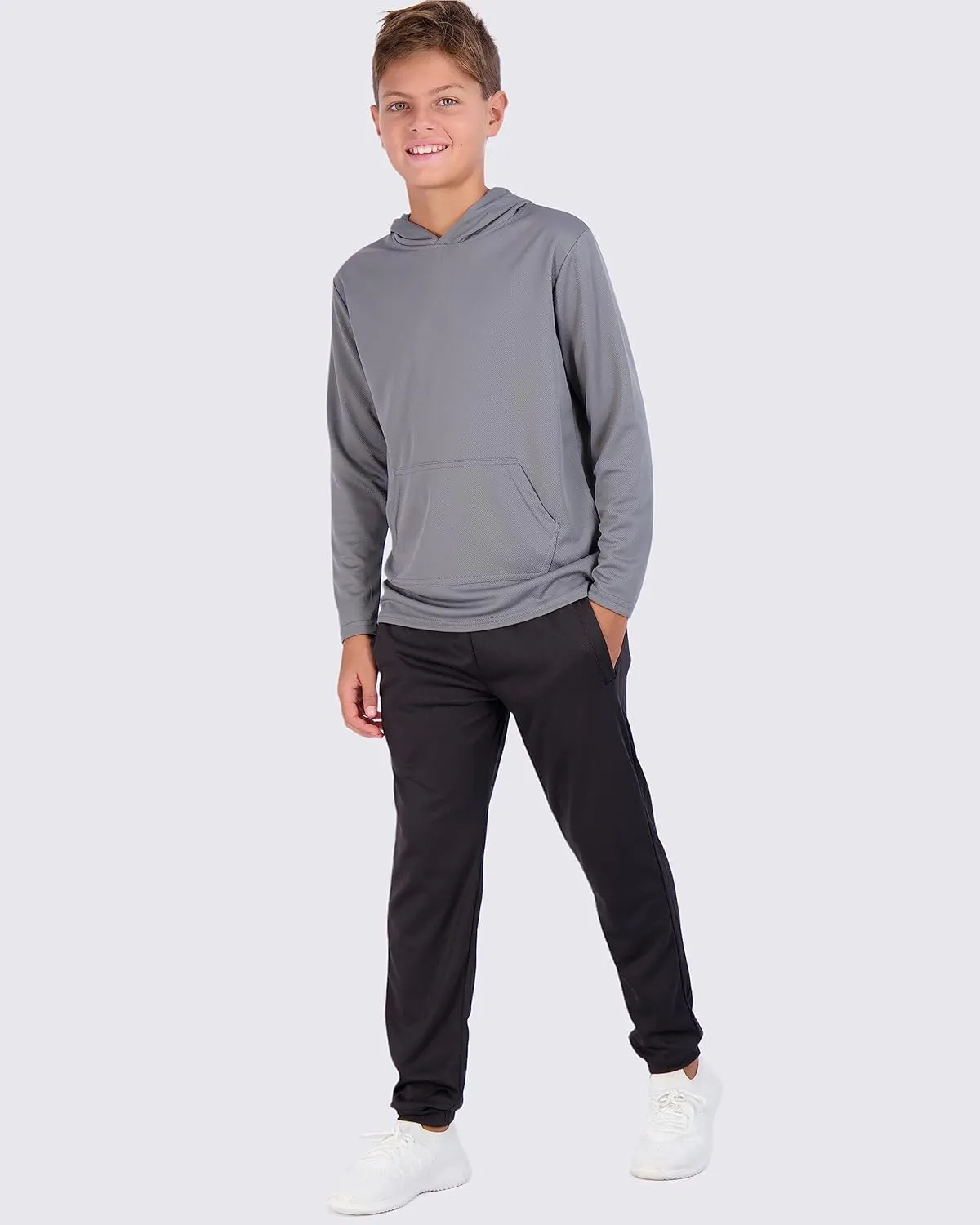 Real Essentials 3 Pack: Youth Mesh Long Sleeve Pullover Hoodie Active Sweatshirt - Kangaroo Pocket - Boys & Girls