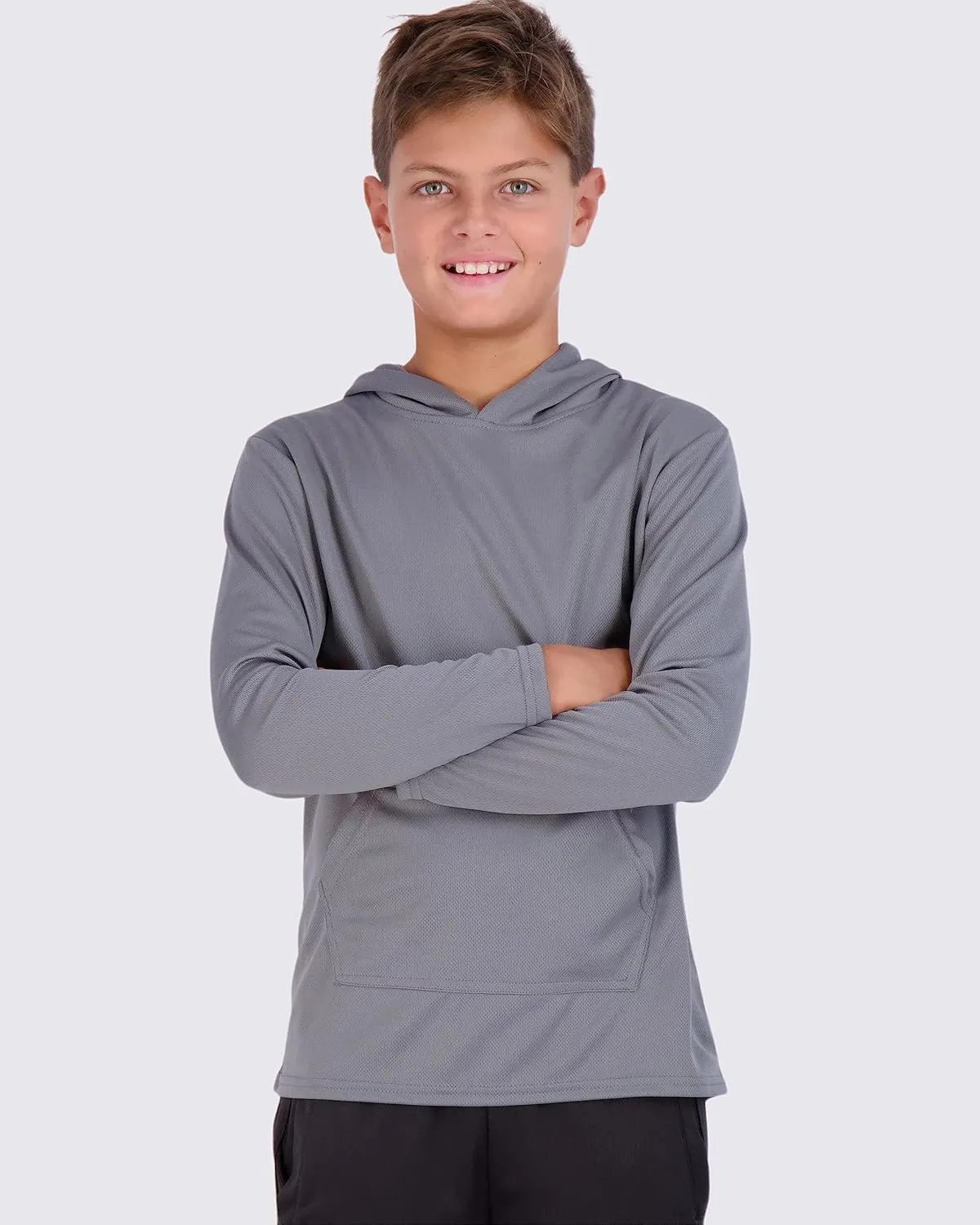 Real Essentials 3 Pack: Youth Mesh Long Sleeve Pullover Hoodie Active Sweatshirt - Kangaroo Pocket - Boys & Girls
