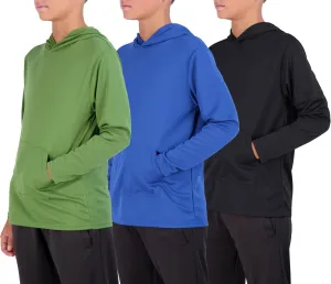 Real Essentials 3 Pack: Youth Mesh Long Sleeve Pullover Hoodie Active Sweatshirt - Kangaroo Pocket - Boys & Girls