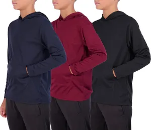 Real Essentials 3 Pack: Youth Mesh Long Sleeve Pullover Hoodie Active Sweatshirt - Kangaroo Pocket - Boys & Girls