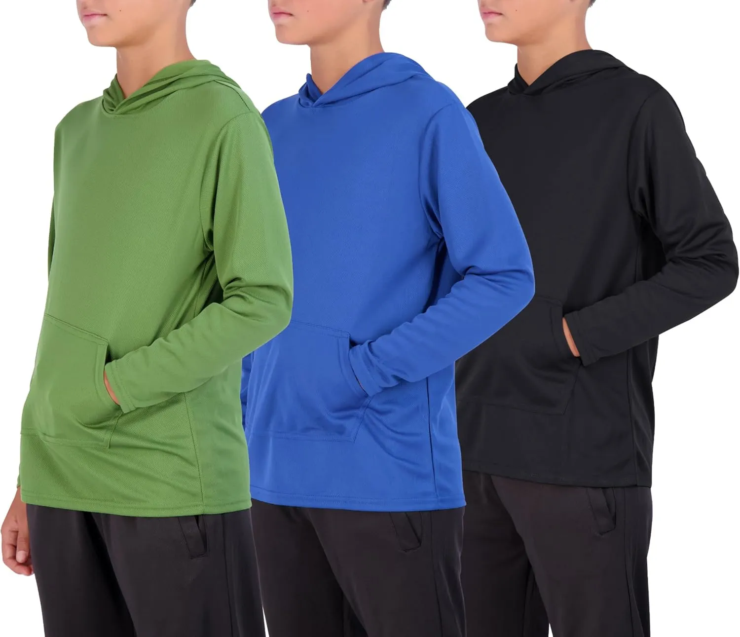 Real Essentials 3 Pack: Youth Mesh Long Sleeve Pullover Hoodie Active Sweatshirt - Kangaroo Pocket - Boys & Girls