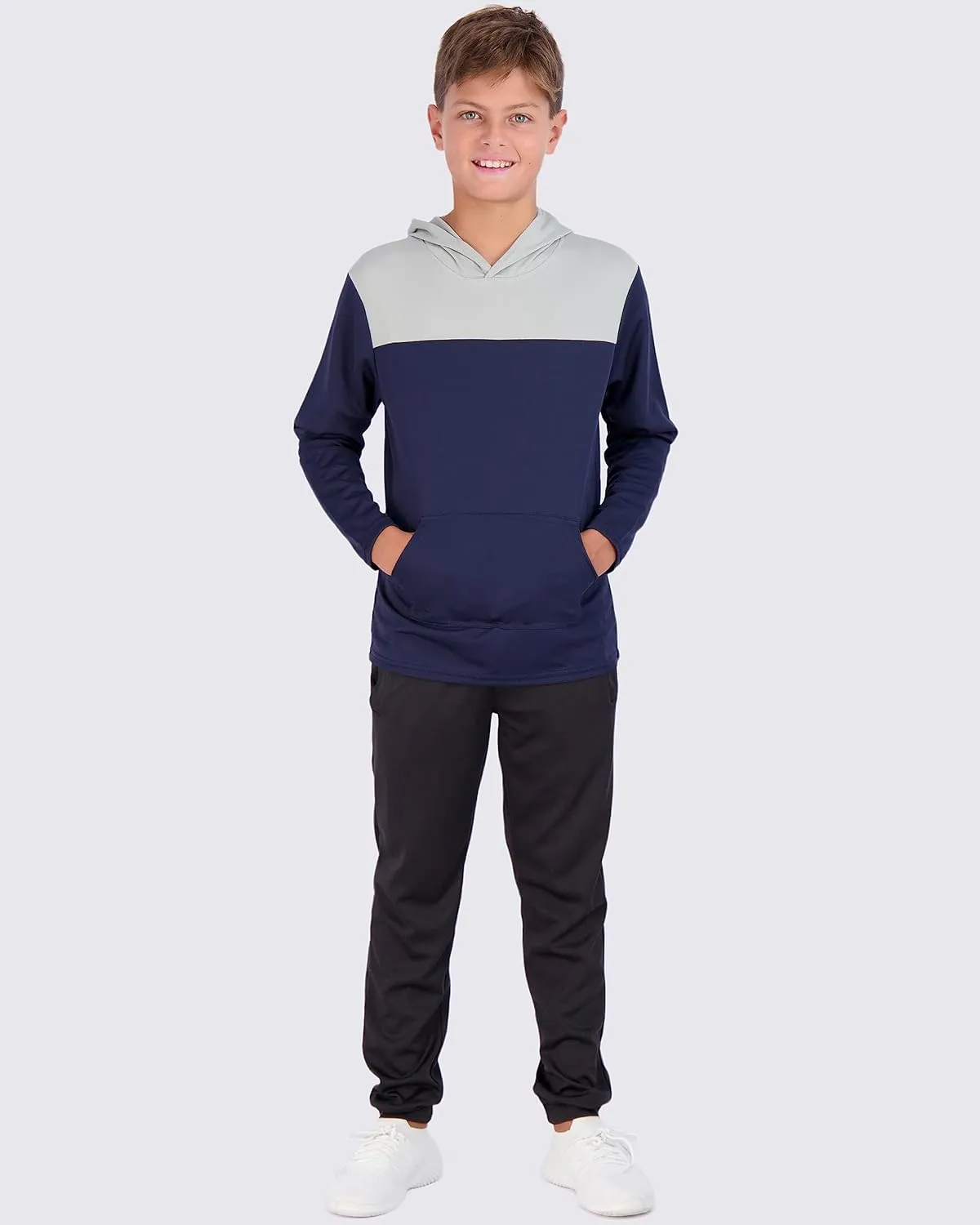 Real Essentials 3 Pack: Youth Mesh Long Sleeve Pullover Hoodie Active Sweatshirt - Kangaroo Pocket - Boys & Girls