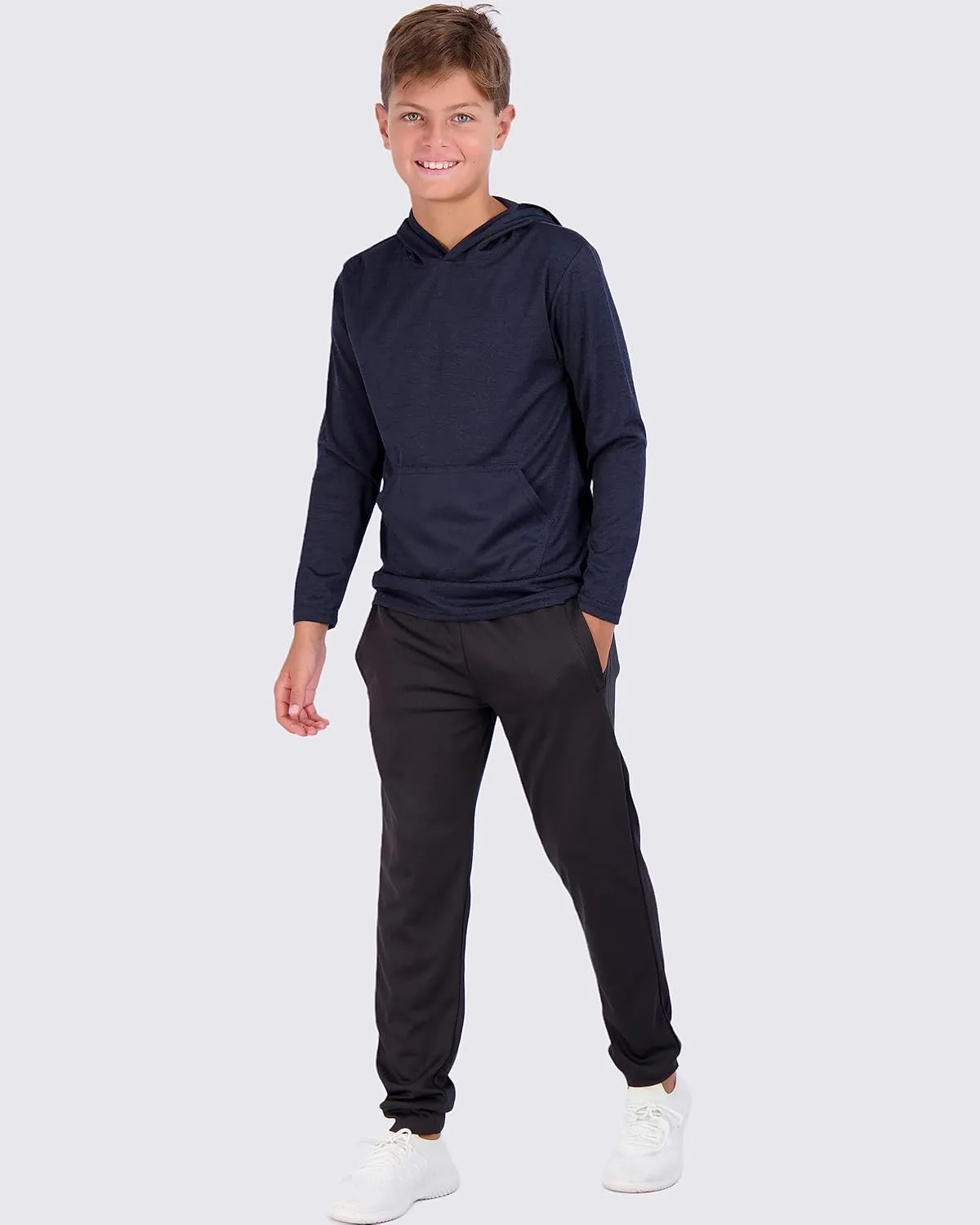 Real Essentials 3 Pack: Youth Mesh Long Sleeve Pullover Hoodie Active Sweatshirt - Kangaroo Pocket - Boys & Girls