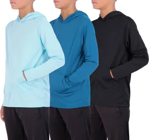 Real Essentials 3 Pack: Youth Mesh Long Sleeve Pullover Hoodie Active Sweatshirt - Kangaroo Pocket - Boys & Girls