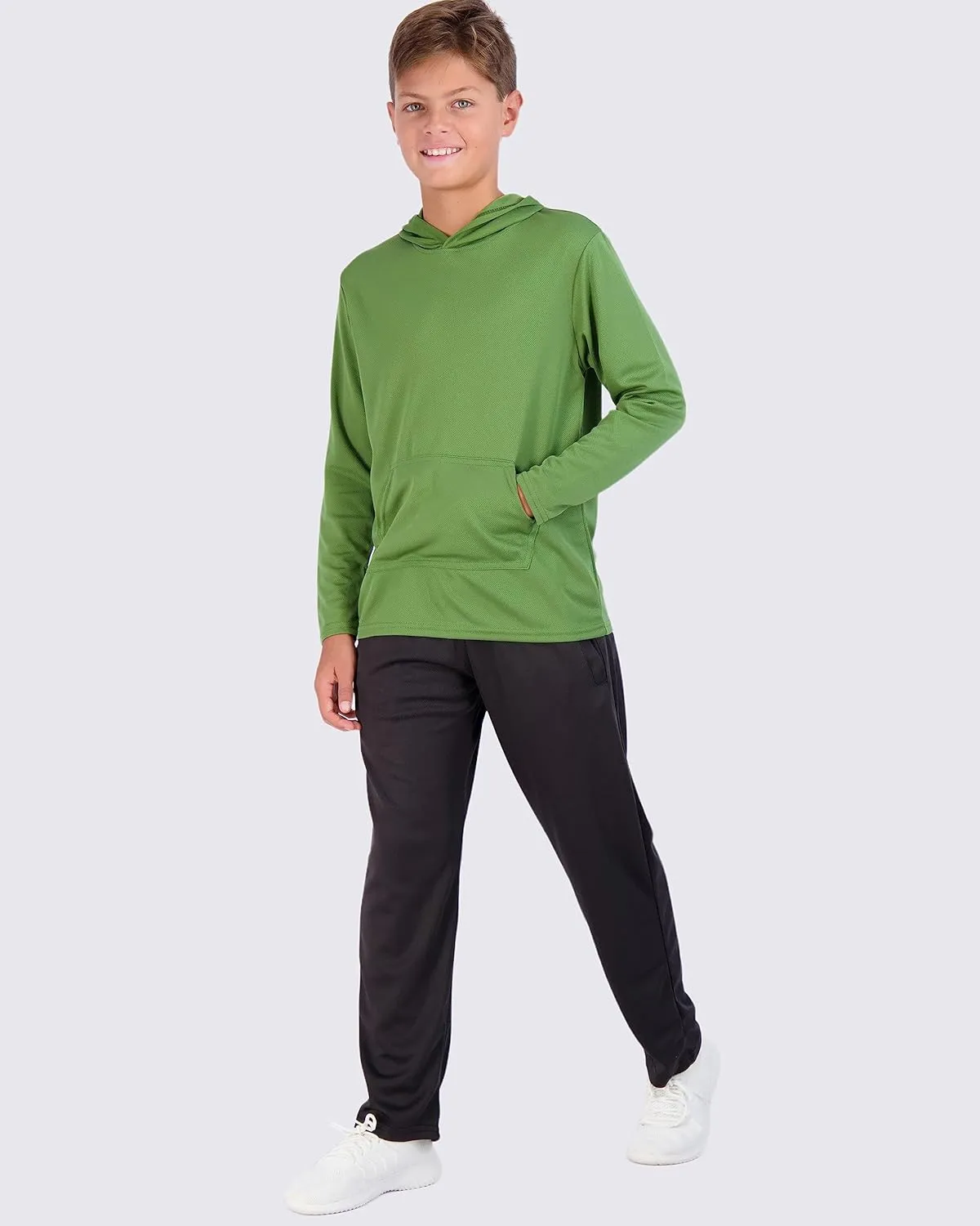 Real Essentials 3 Pack: Youth Mesh Long Sleeve Pullover Hoodie Active Sweatshirt - Kangaroo Pocket - Boys & Girls