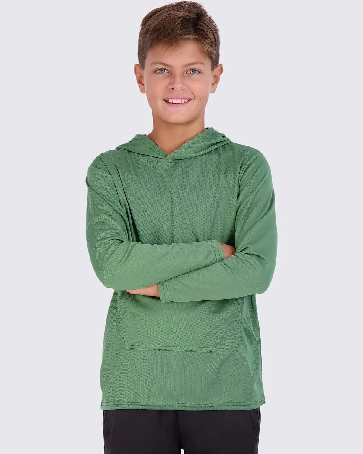 Real Essentials 3 Pack: Youth Mesh Long Sleeve Pullover Hoodie Active Sweatshirt - Kangaroo Pocket - Boys & Girls