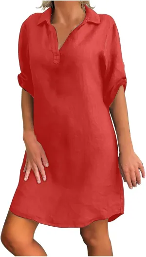 RKSTN Plus Size Dress for Women,Womens Cotton Linen Dresses Turn Down Collar Loose Fit Shirt Dress Oversized T Shirts Dress