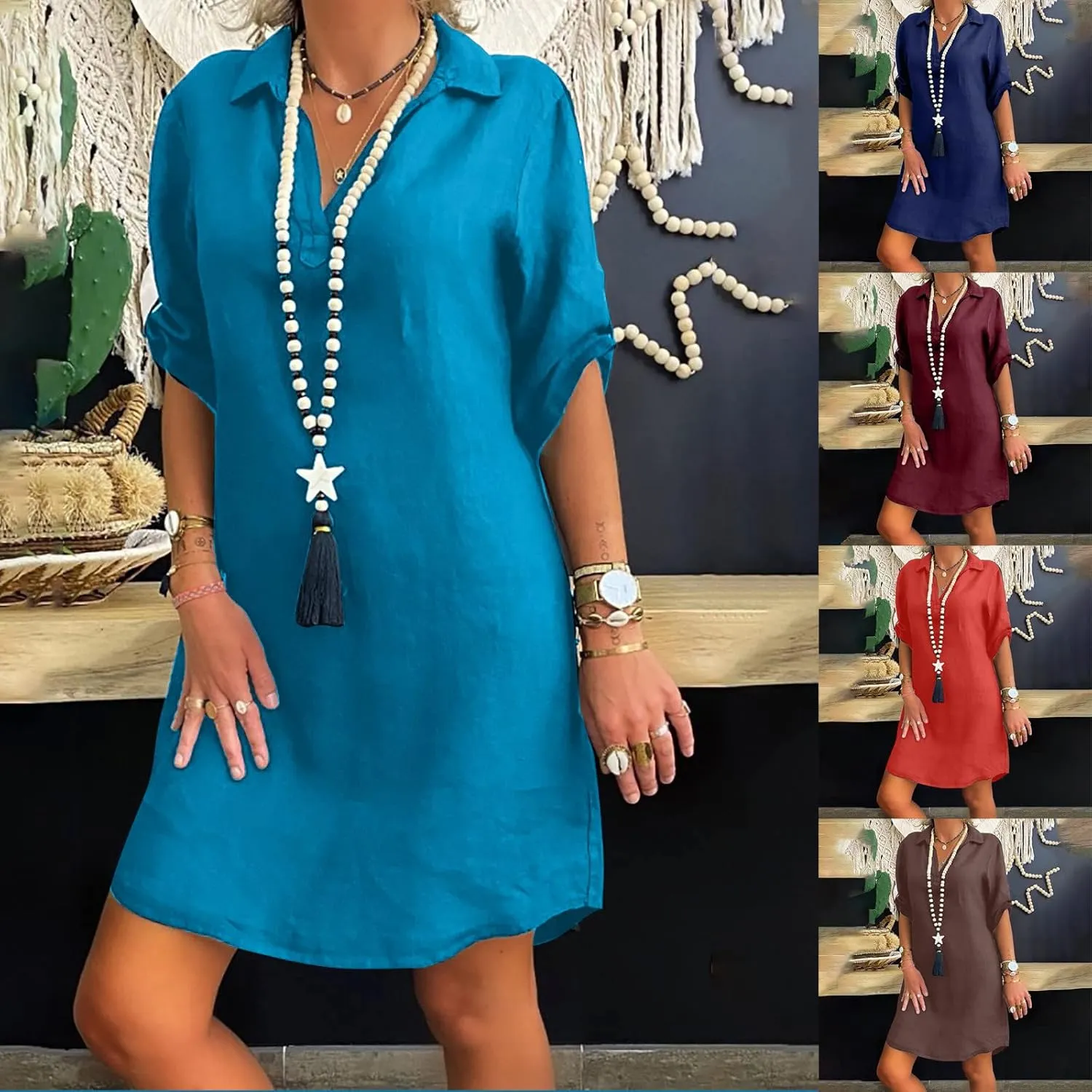 RKSTN Plus Size Dress for Women,Womens Cotton Linen Dresses Turn Down Collar Loose Fit Shirt Dress Oversized T Shirts Dress