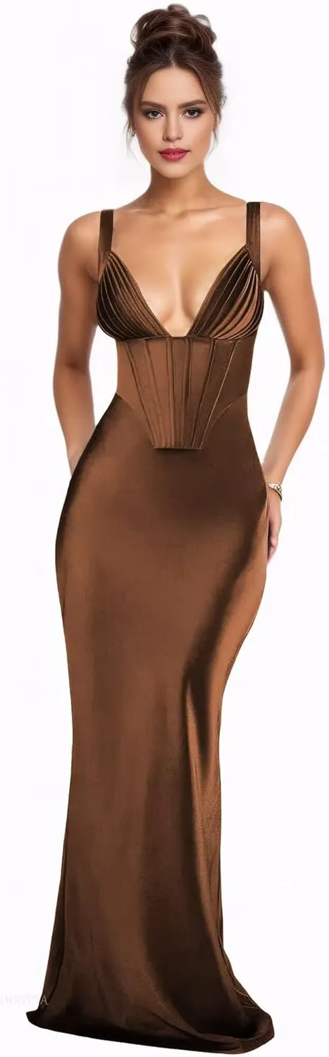 Satin Bridesmaid Dresses for Wedding Corset Prom Dresses 2025 V Neck Formal Evening Gowns for Women