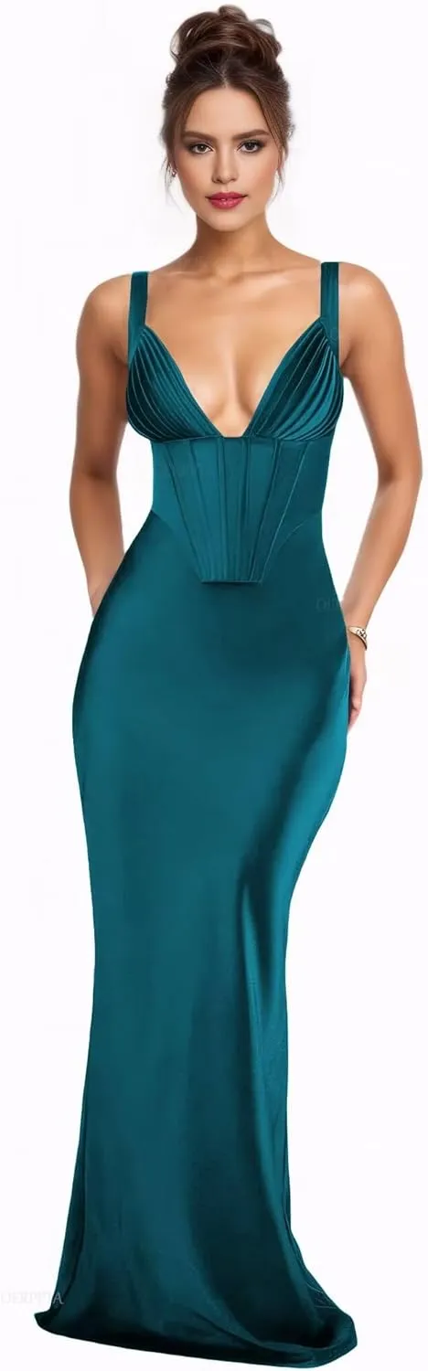 Satin Bridesmaid Dresses for Wedding Corset Prom Dresses 2025 V Neck Formal Evening Gowns for Women