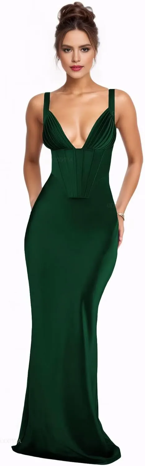 Satin Bridesmaid Dresses for Wedding Corset Prom Dresses 2025 V Neck Formal Evening Gowns for Women