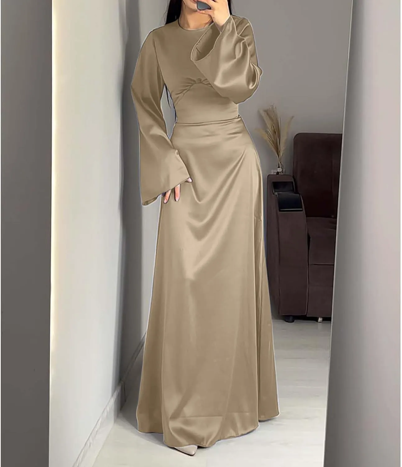 Satin Wedding Guest Dresses for Women Elegant Flared Sleeve Trendy Dress Infinity Fitted Outfits Comfy Suit Slimming