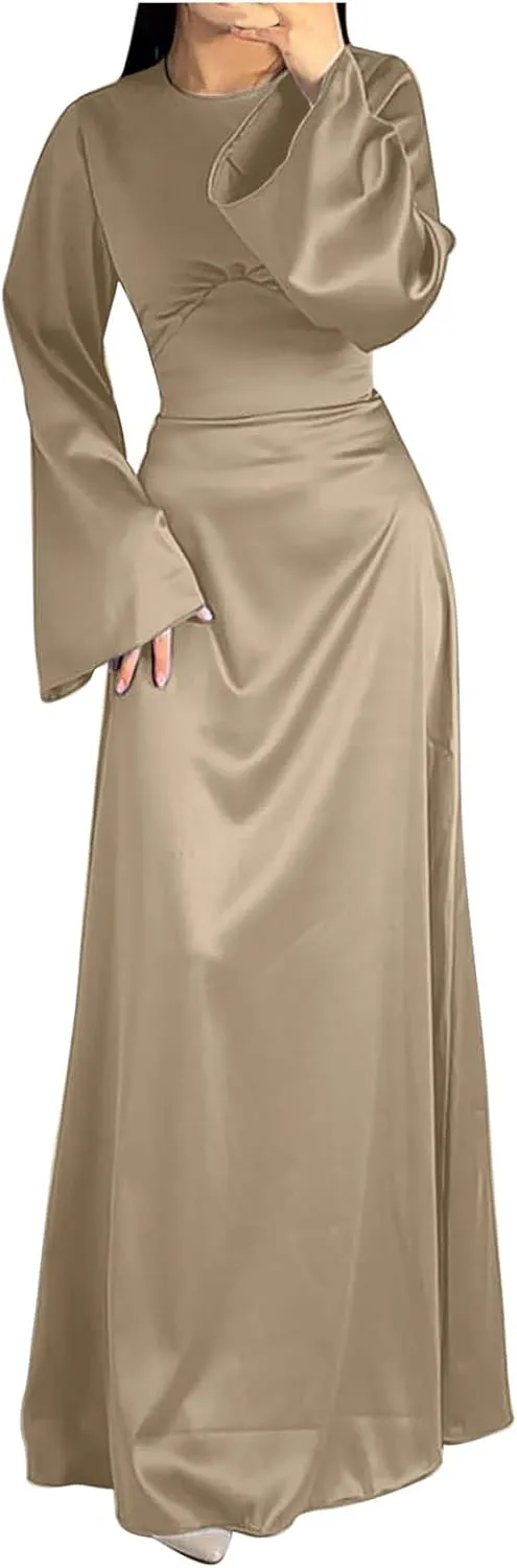 Satin Wedding Guest Dresses for Women Elegant Flared Sleeve Trendy Dress Infinity Fitted Outfits Comfy Suit Slimming