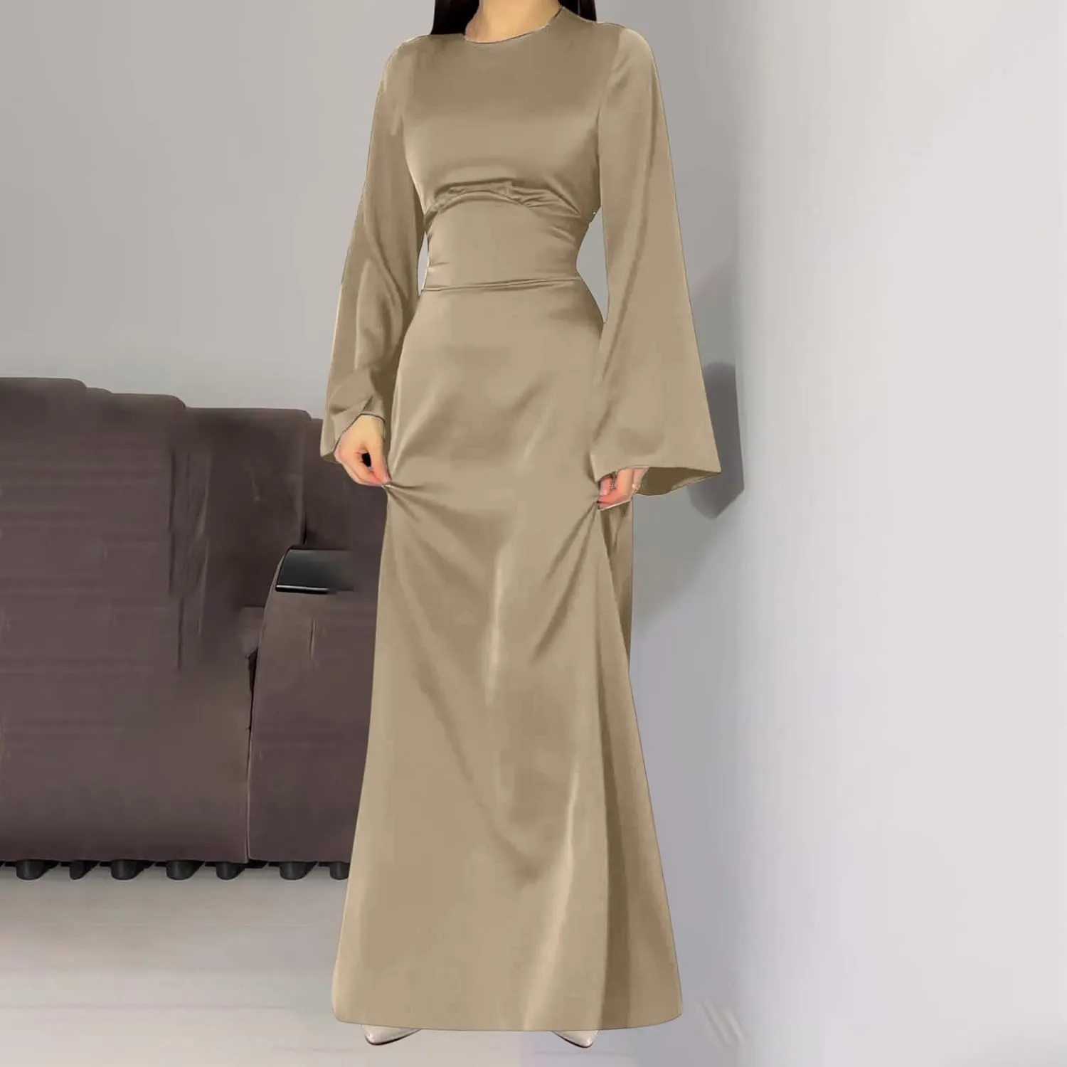Satin Wedding Guest Dresses for Women Elegant Flared Sleeve Trendy Dress Infinity Fitted Outfits Comfy Suit Slimming