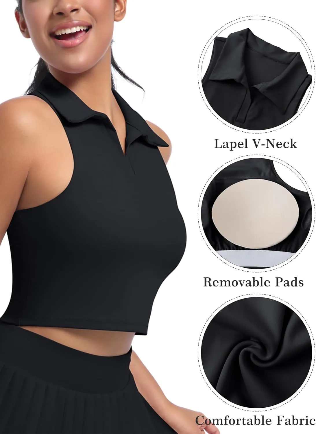 SEAUR Women's Sleeveless Golf Collar Polo Shirts Tennis Athletic Tank Tops Workout Crop Top Built in Bra