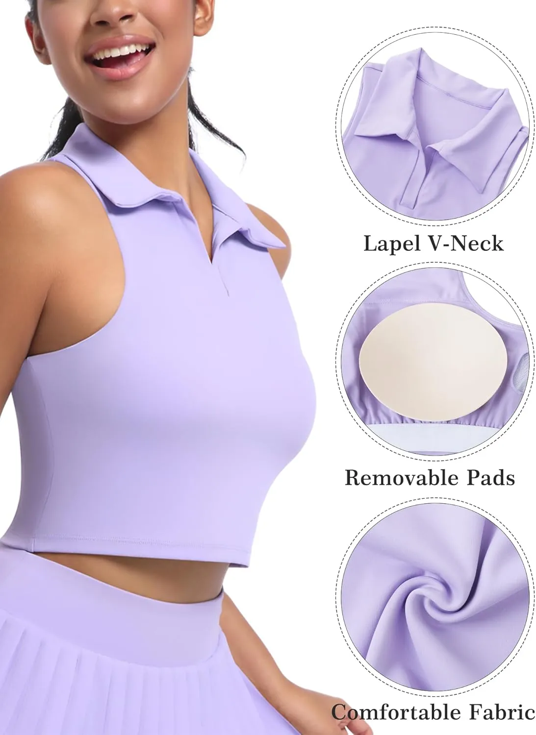 SEAUR Women's Sleeveless Golf Collar Polo Shirts Tennis Athletic Tank Tops Workout Crop Top Built in Bra