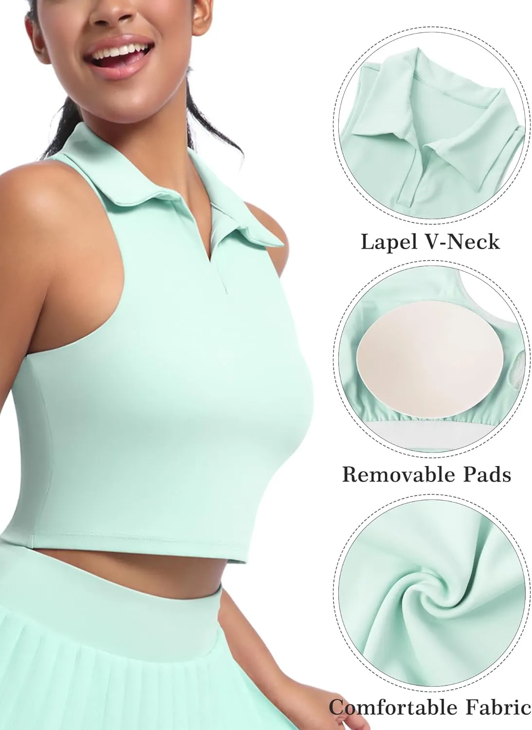 SEAUR Women's Sleeveless Golf Collar Polo Shirts Tennis Athletic Tank Tops Workout Crop Top Built in Bra