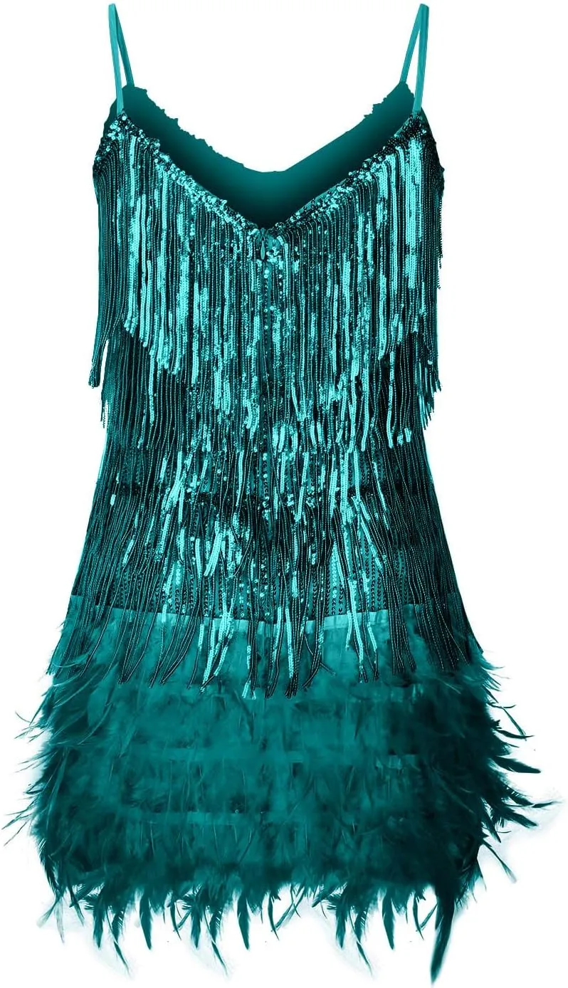 Sequin Dress for Women 1920s Fringe Flapper Mini Dresses Sleeveless Spaghetti Glitter Dress Cocktail Party Bodycon