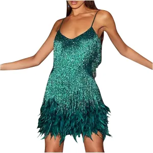 Sequin Dress for Women 1920s Fringe Flapper Mini Dresses Sleeveless Spaghetti Glitter Dress Cocktail Party Bodycon