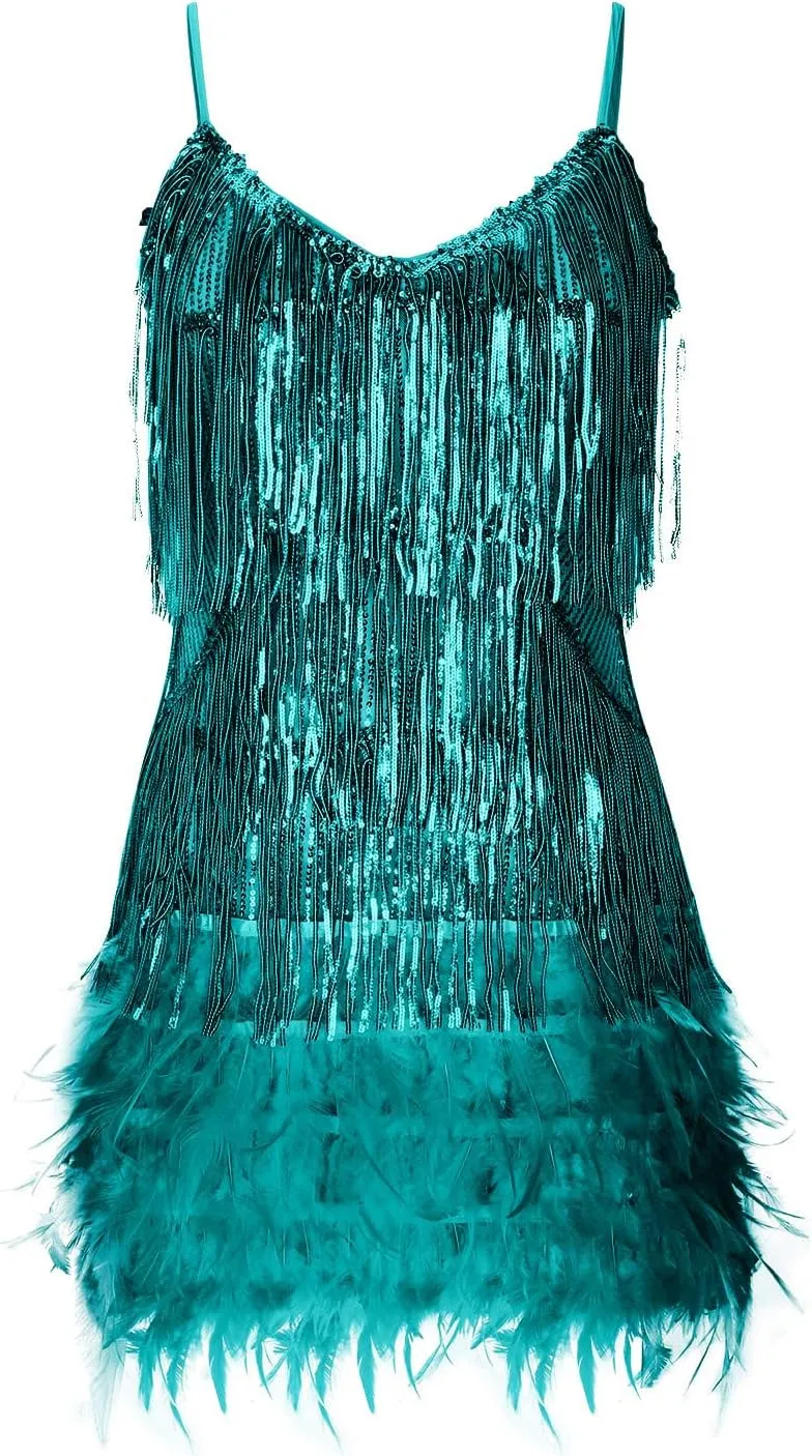 Sequin Dress for Women 1920s Fringe Flapper Mini Dresses Sleeveless Spaghetti Glitter Dress Cocktail Party Bodycon
