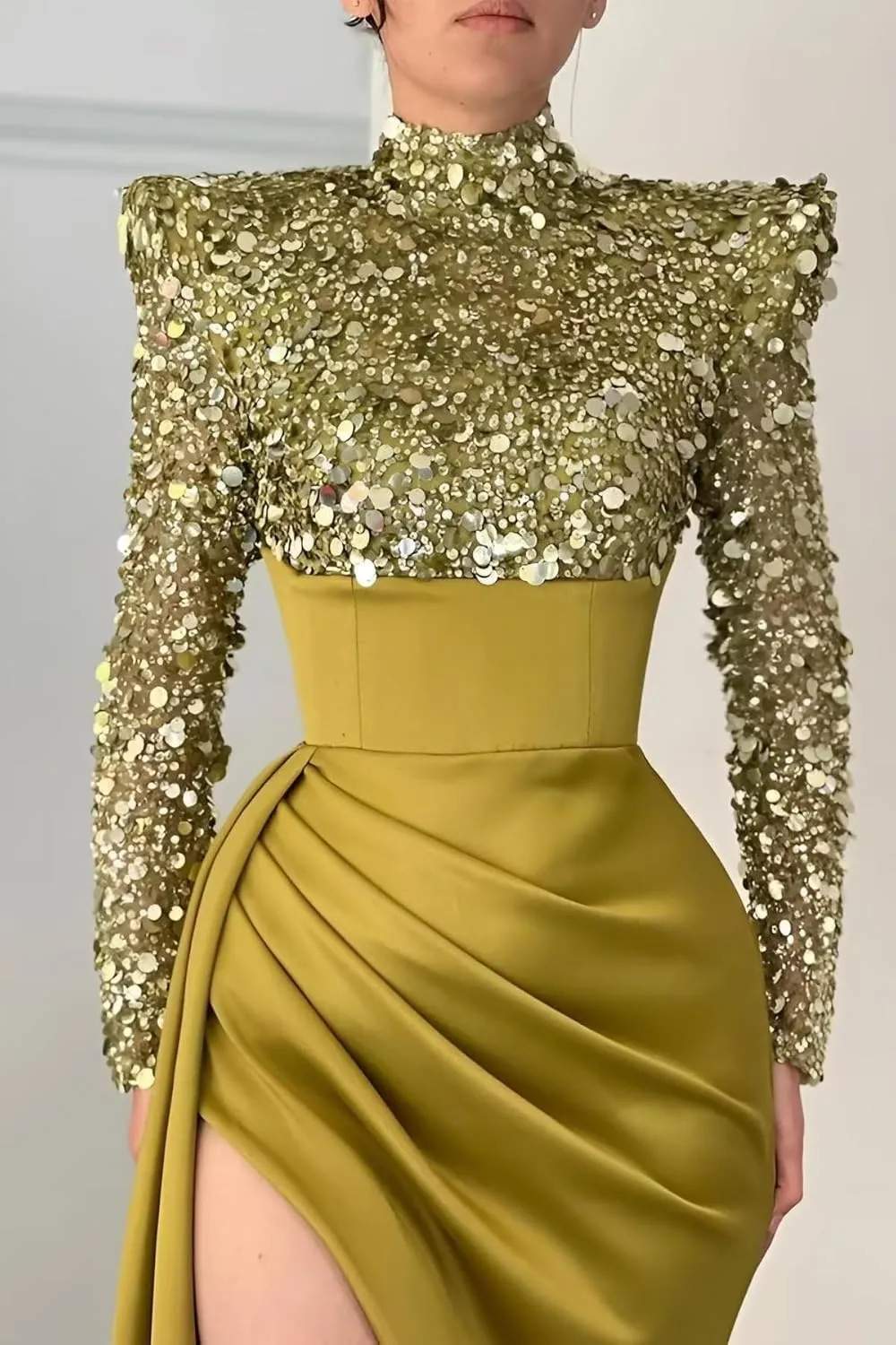 Sequin Sparkly Mermaid Prom Dresses Long Sleeve Satin High Neck Halter Evening Formal Party Gown with Slit 2024