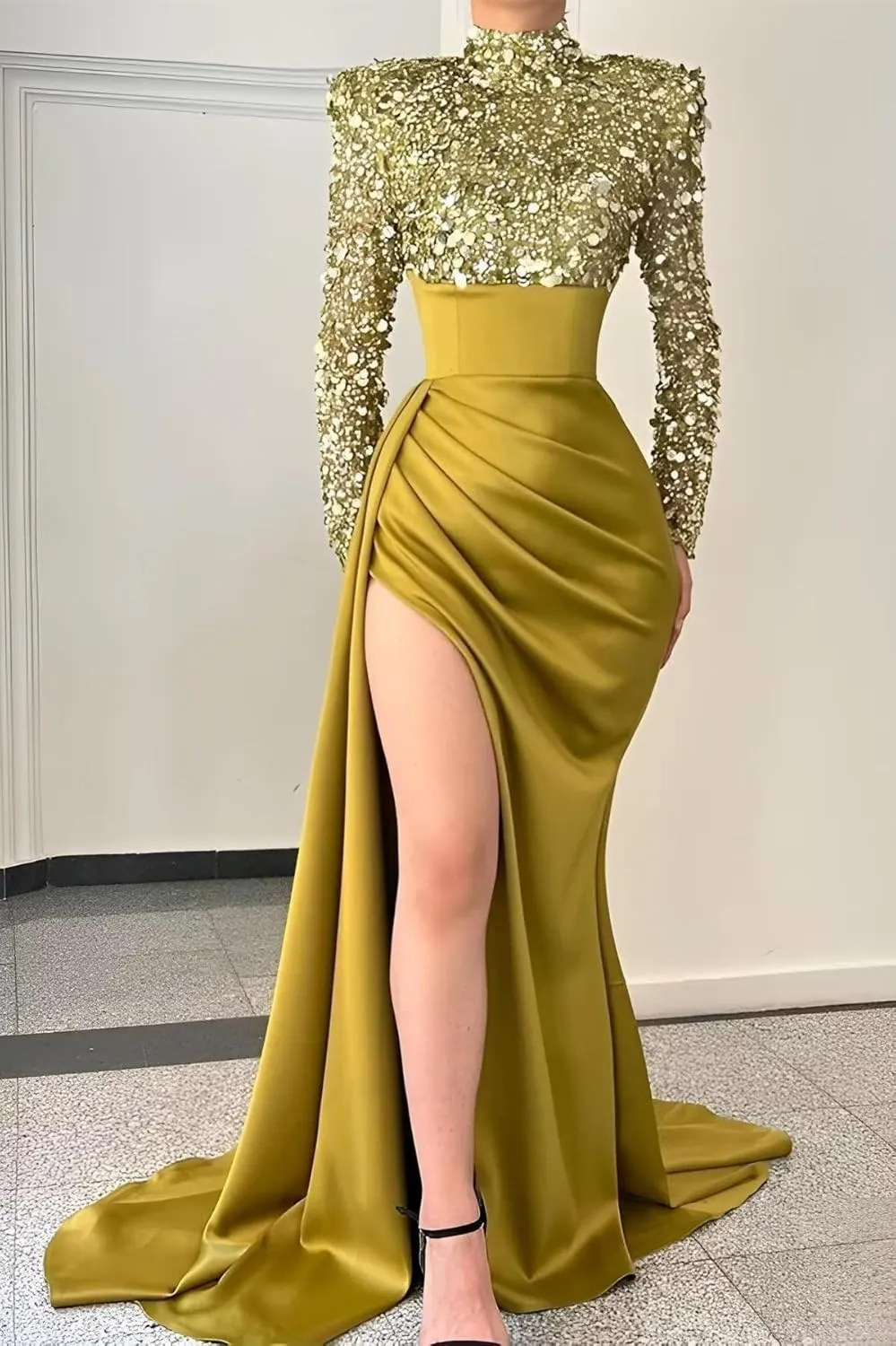 Sequin Sparkly Mermaid Prom Dresses Long Sleeve Satin High Neck Halter Evening Formal Party Gown with Slit 2024