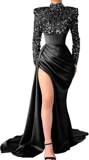 Sequin Sparkly Mermaid Prom Dresses Long Sleeve Satin High Neck Halter Evening Formal Party Gown with Slit 2024