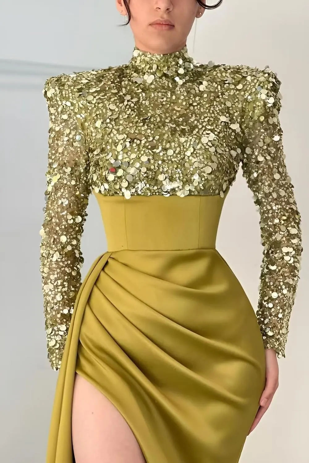 Sequin Sparkly Mermaid Prom Dresses Long Sleeve Satin High Neck Halter Evening Formal Party Gown with Slit 2024